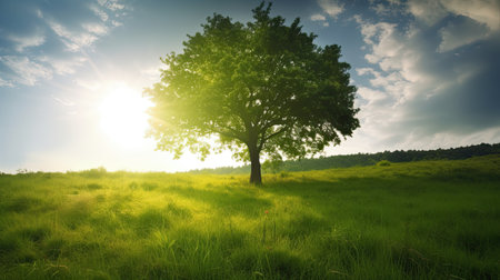 Green meadow and big tree in the morning. Nature composition.の素材