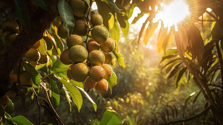 Longan fruit on the tree in the morning light, Thailand.の素材