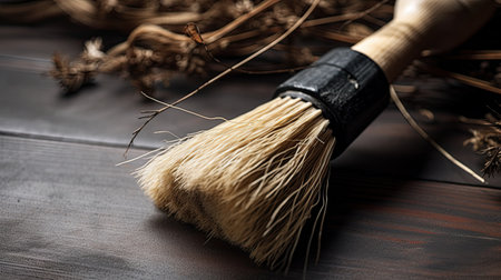 Paint brush on wooden background. Paint brush on wooden background.の素材