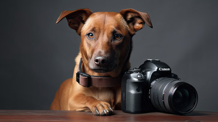 Studio shot of a Rhodesian Ridgeback puppy with a digital camera.の素材