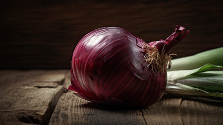 Red onion on a wooden background. Selective focus. Toned.の素材