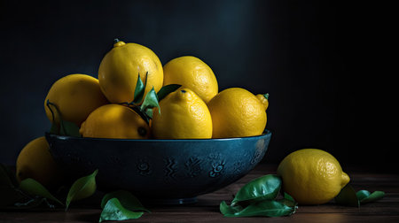 Lemons in a bowl on a wooden table. Black background.の素材