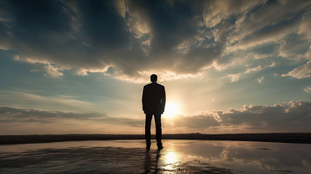Silhouette of a man standing at the edge of the water looking at the sunsetの素材