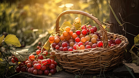 Wicker basket with ripe red and yellow grapes on a wooden table in the gardenの素材