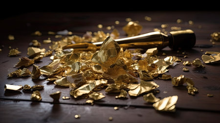 Gold nuggets on a wooden table. Gold nuggets on a dark background.の素材