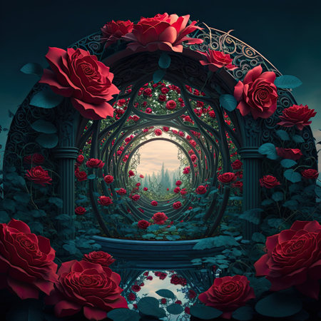 3D rendering of a fantasy garden with red roses and a pondの素材