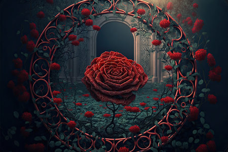 3D illustration of a red rose in a frame made of rosesの素材