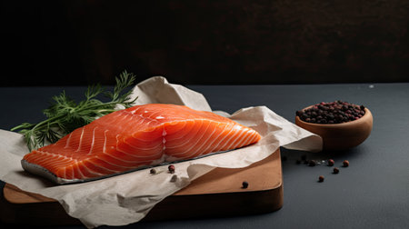Raw salmon fillet on cutting board with herbs and spices on dark backgroundの素材