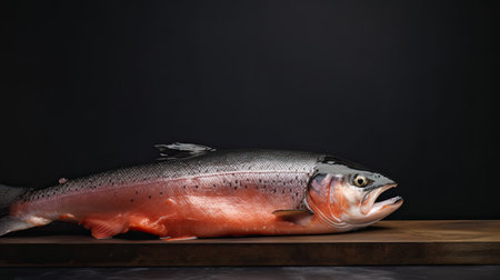 Fresh raw salmon fish on a wooden board on a black background.の素材