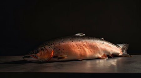 Fresh salmon on a black background in the light of the setting sunの素材