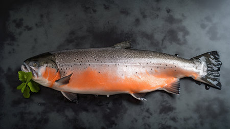 Raw salmon with parsley on a dark background. Top view.の素材