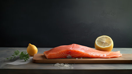 Fresh salmon fillet on wooden board with lemon and dill on black backgroundの素材