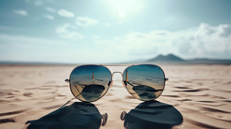 Sunglasses on the sand in the desert. Selective focus.の素材