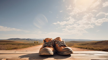 A pair of old shoes on a wooden surface in the desert.の素材