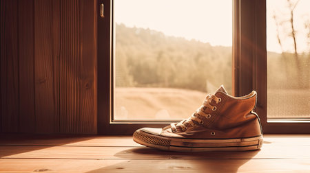 A pair of brown sneakers on the windowsill in a country house.の素材