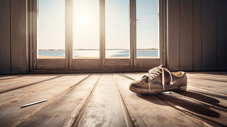 Men's shoes on the wooden floor near the window at sunset.の素材