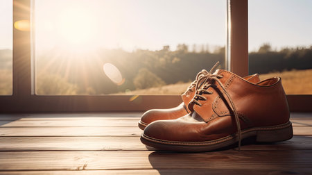 Brown leather shoes on a wooden floor near the window with a view of the countrysideの素材
