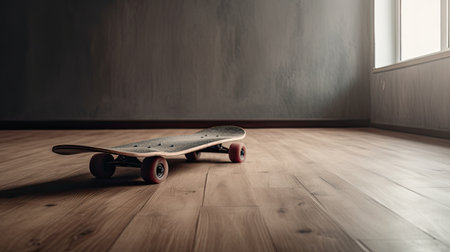 Skateboard on a wooden floor in an empty room with copy spaceの素材