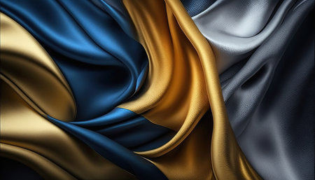3D render of blue and gold satin silk fabric with foldsの素材
