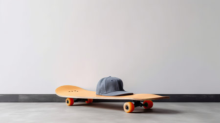 Skateboard on the floor in front of a white wall.の素材