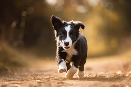 Border collie puppy running in the autumn forest. Pet animals.の素材