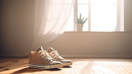 Pair of new sneakers on wooden floor near window, closeupの素材