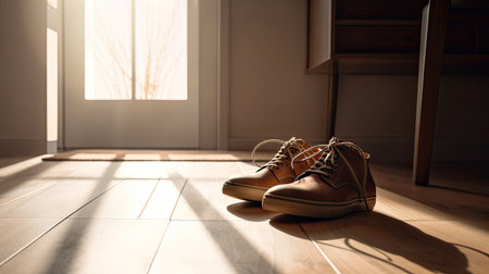 Pair of shoes on the floor in a room with sunlight.の素材