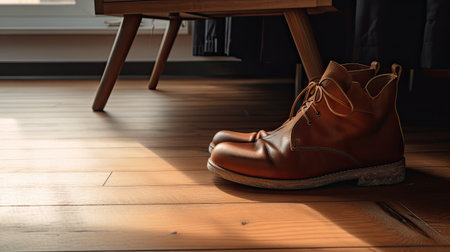 man's brown leather shoes on wooden floor at home with sun lightの素材