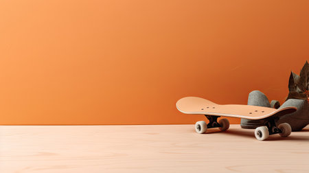 3d render of skateboard on wooden table with orange wall backgroundの素材