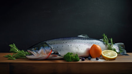 Fresh raw salmon with lemon and herbs on wooden table over black backgroundの素材