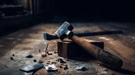 Old hammer and chisel on a wooden table. Black background.の素材
