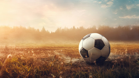 Soccer ball on the field at sunset. Conceptual image.の素材