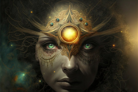 Digital Illustration of a Fantasy Female Face with a Golden Crown.の素材