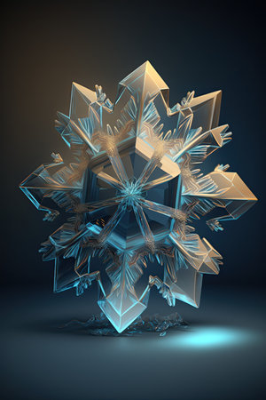 3d render of crystal snowflake on dark background. Computer digital drawing.の素材