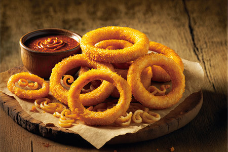 Crispy fried onion rings with tomato ketchup on wooden backgroundの素材