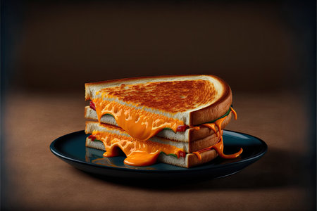 Sandwich with cheese and tomato sauce on a black plate on a brown backgroundの素材