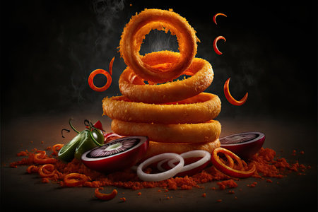 Fried onion rings with ketchup and chilli on dark backgroundの素材