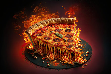 Pizza in flames on a black background. 3d illustration.の素材