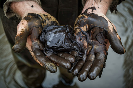 Close-up of dirty hands of a man with dirty hands holding a black slimeの素材