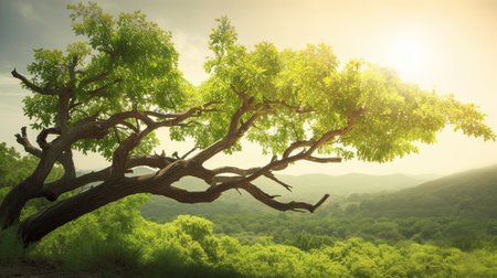 Beautiful summer landscape with tree and sun in the sky. 3d renderingの素材