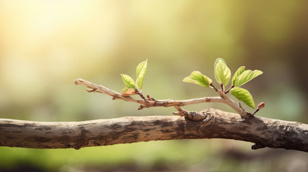 Tree branch with young green leaves on blurred background, vintage tone.の素材