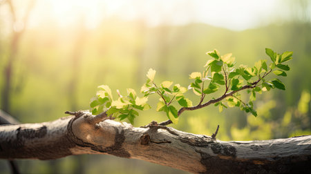 Young green leaves on the branch of a tree in the forest.の素材