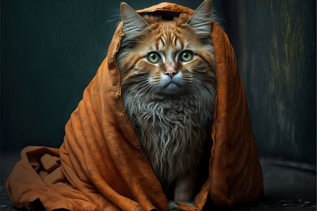 Red maine coon cat in orange blanket. Halloween concept.の素材