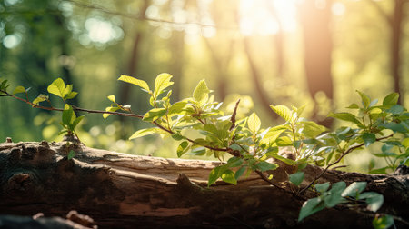 Green leaves in the forest. Nature background with sun rays and copy spaceの素材