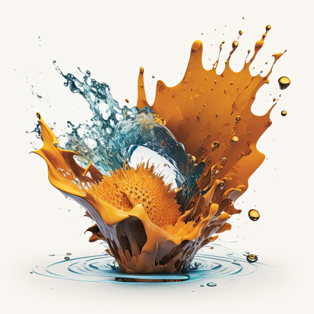 Splash of oil and water drops. 3d rendering, 3d illustration.の素材