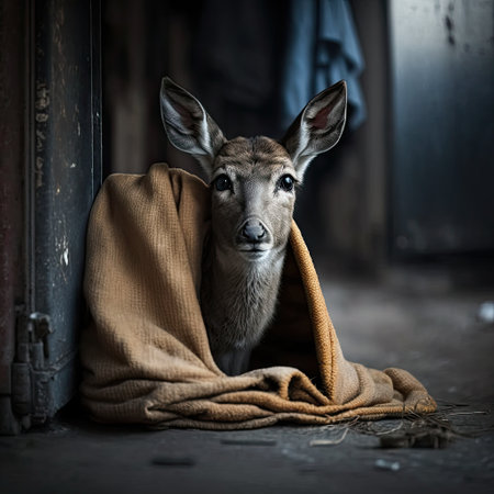 Portrait of a young whitetail deer in a burlap bagの素材