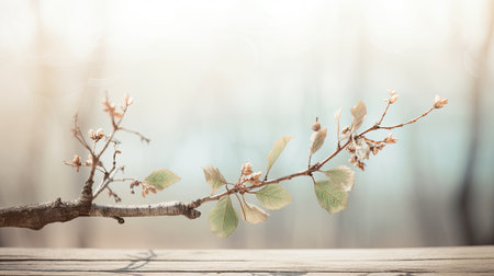 Blossoming branch on wooden table with bokeh background.の素材