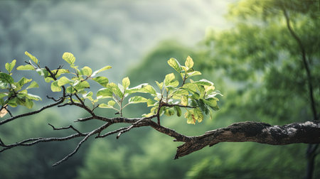 Tree branch with green leaves on blurred nature background. vintage tone.の素材