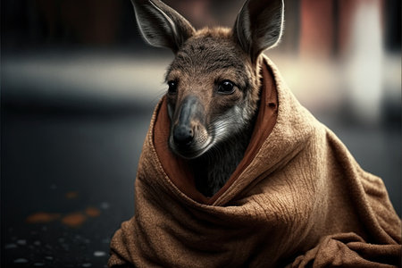 Kangaroo wrapped in a blanket on a dark background, close-upの素材