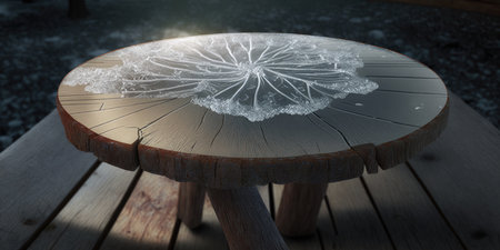 3D rendering of a snowflake on a wooden table in the forestの素材